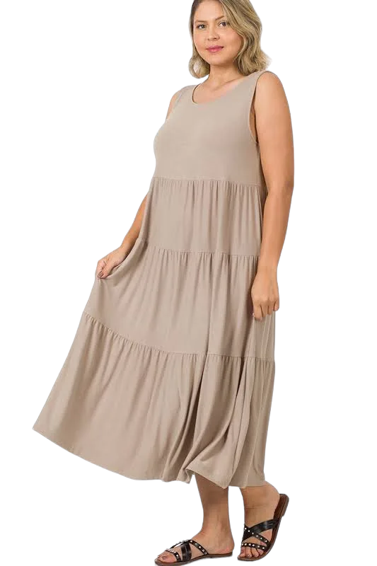 Zenana Plus Tank Top Tiered Dress - Mocha