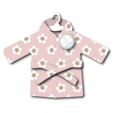 Pink children's bathrobe with white floral pattern on a white background