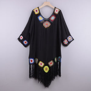 Fringe Crochet Cover-Up Dress - Black