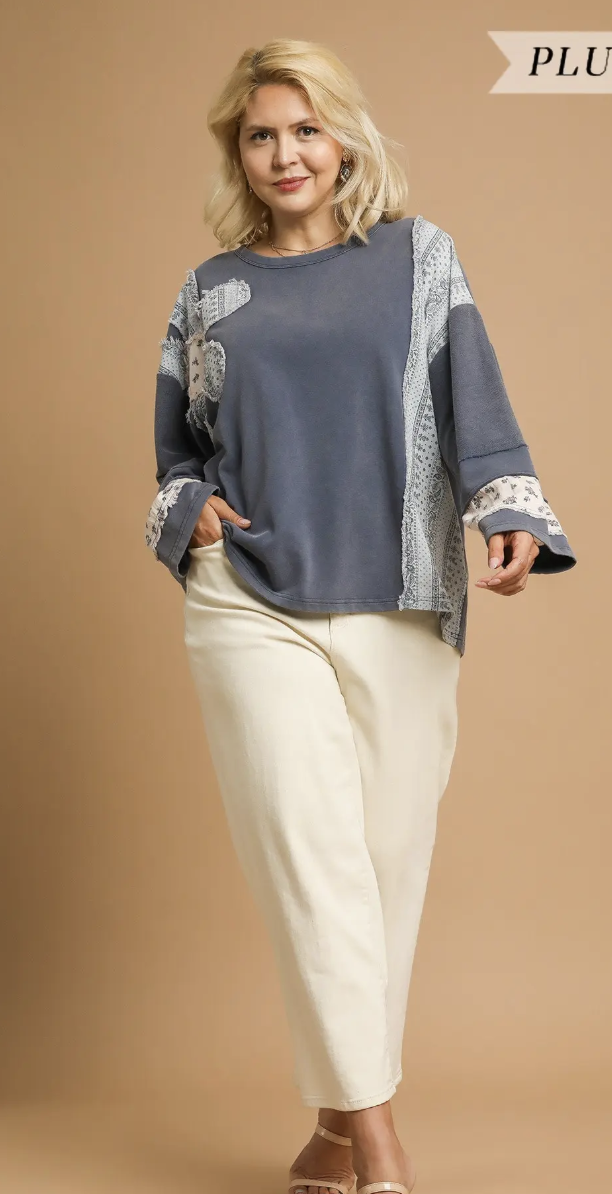 French Terry Patchwork Cardigan with Flower