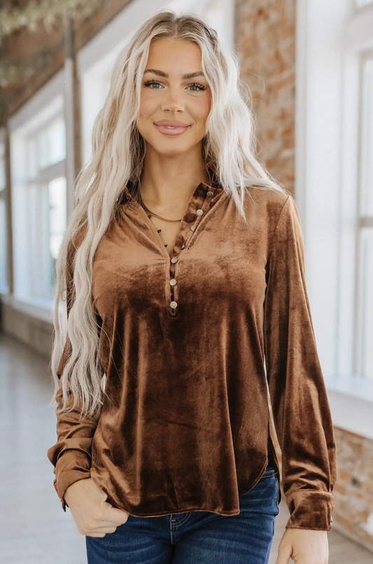 Velvet Mandarin Collar Shirt - Brown