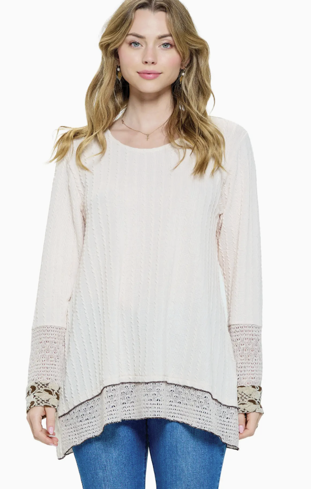 Tunic top Patchwork Knit Mesh Applique - Cream