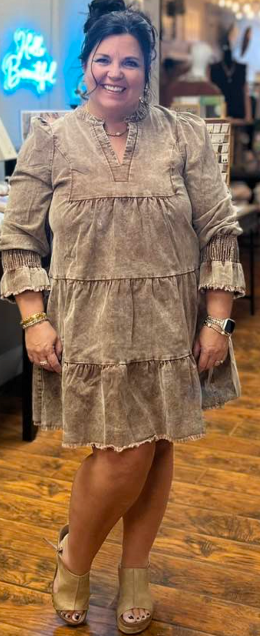 Stone Washed Corduroy Tiered Dress - Chocolate