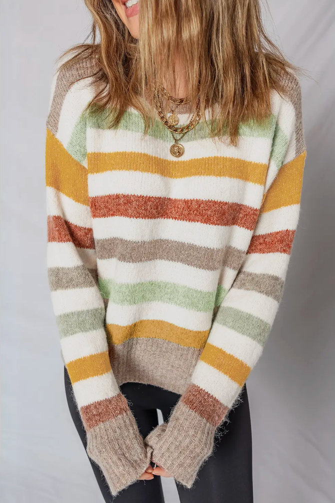 Stripe Crewneck Drop Shoulder Sweater
