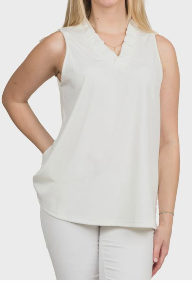 Sunny Top - White Tank top with Ruffle neck