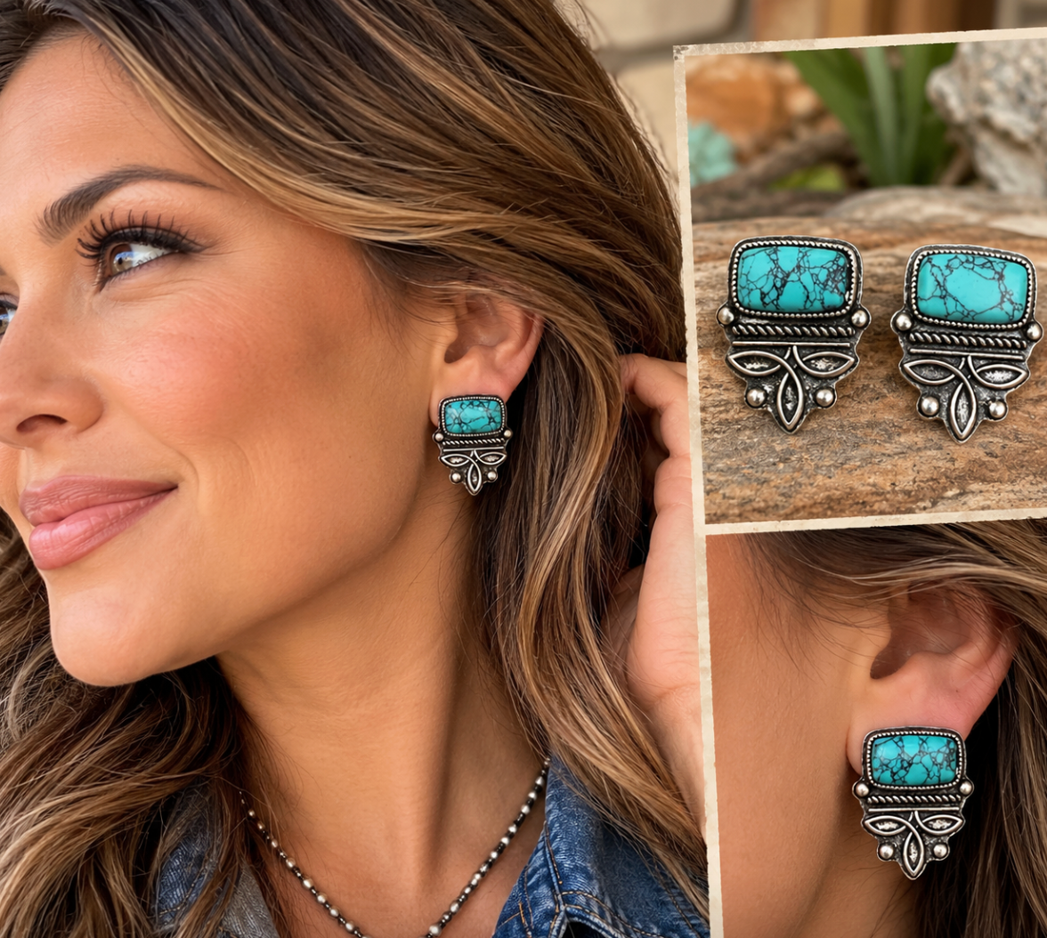 Western Turquoise Boot Stitch Post Earring
