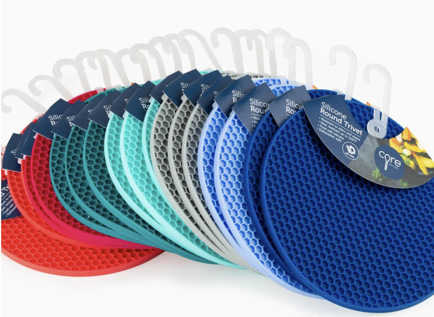 Row of silicone round travel mats in various colors with brand labels.