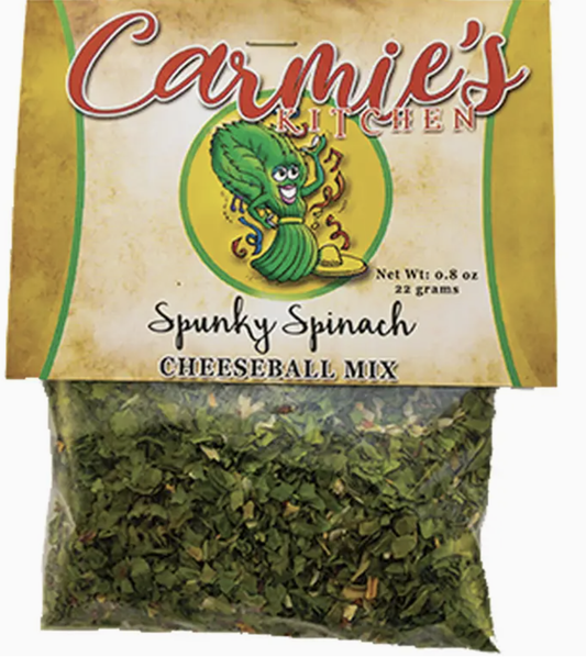 Packaged cheeseball mix labeled 'Spunky Spinach' from Carmie's Kitchen