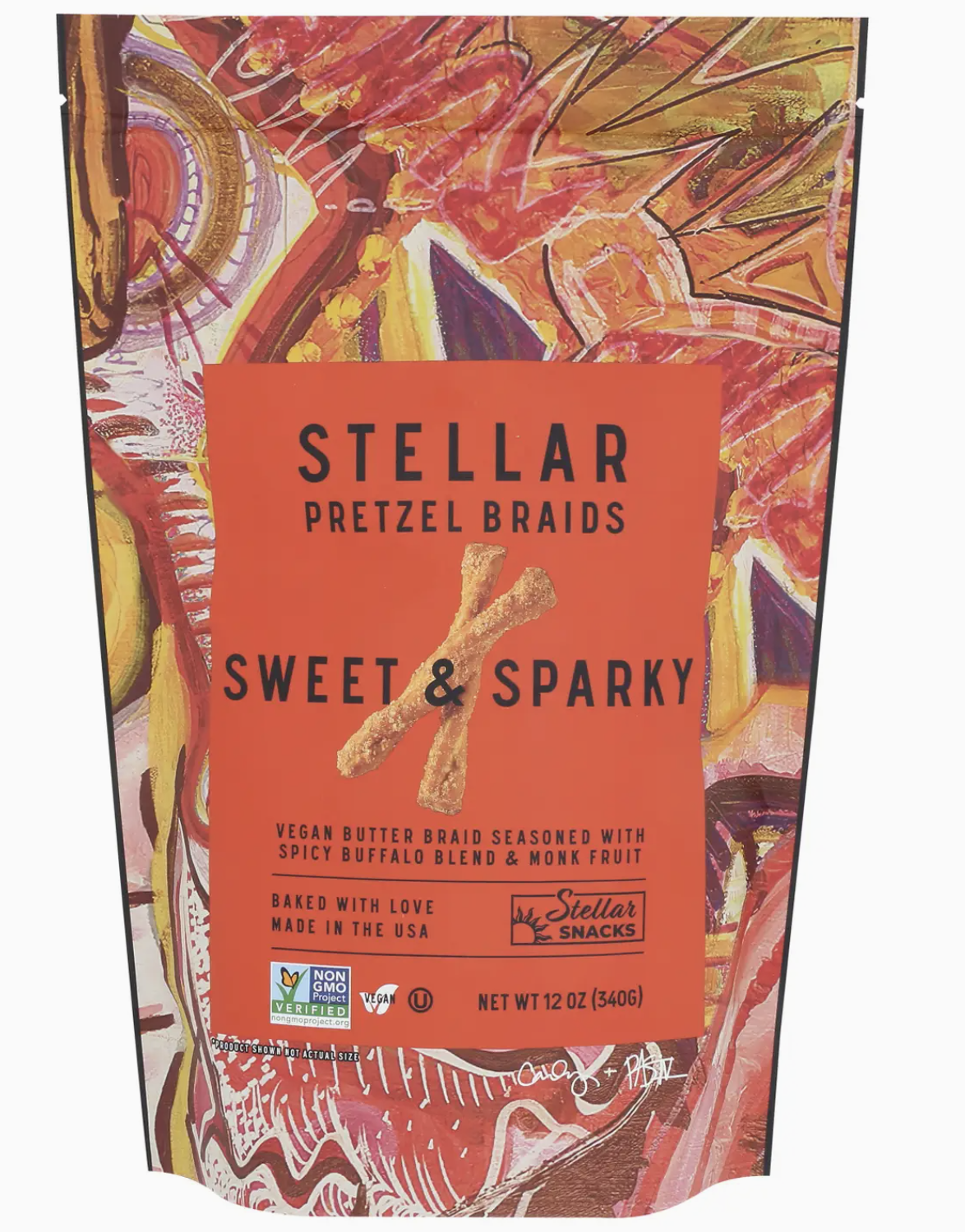 Packaging of Stellar Pretzel Breads Sweet & Sparky on a colorful background
