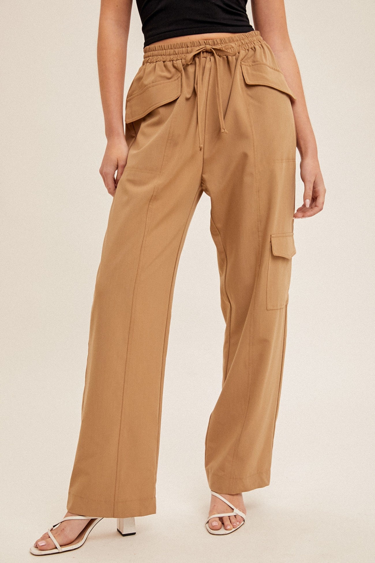 Straight Cargo Pants With Drawstring Waist - Camel