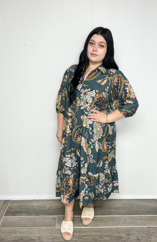 Teal Floral Midi Dress