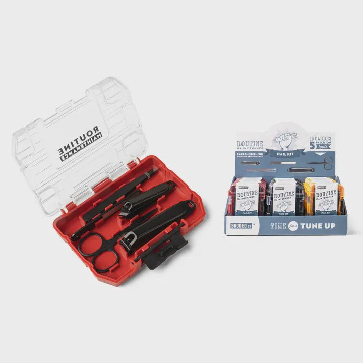 Red tool kit with open lid displaying tools, next to a display box of Boutine products on a white background.