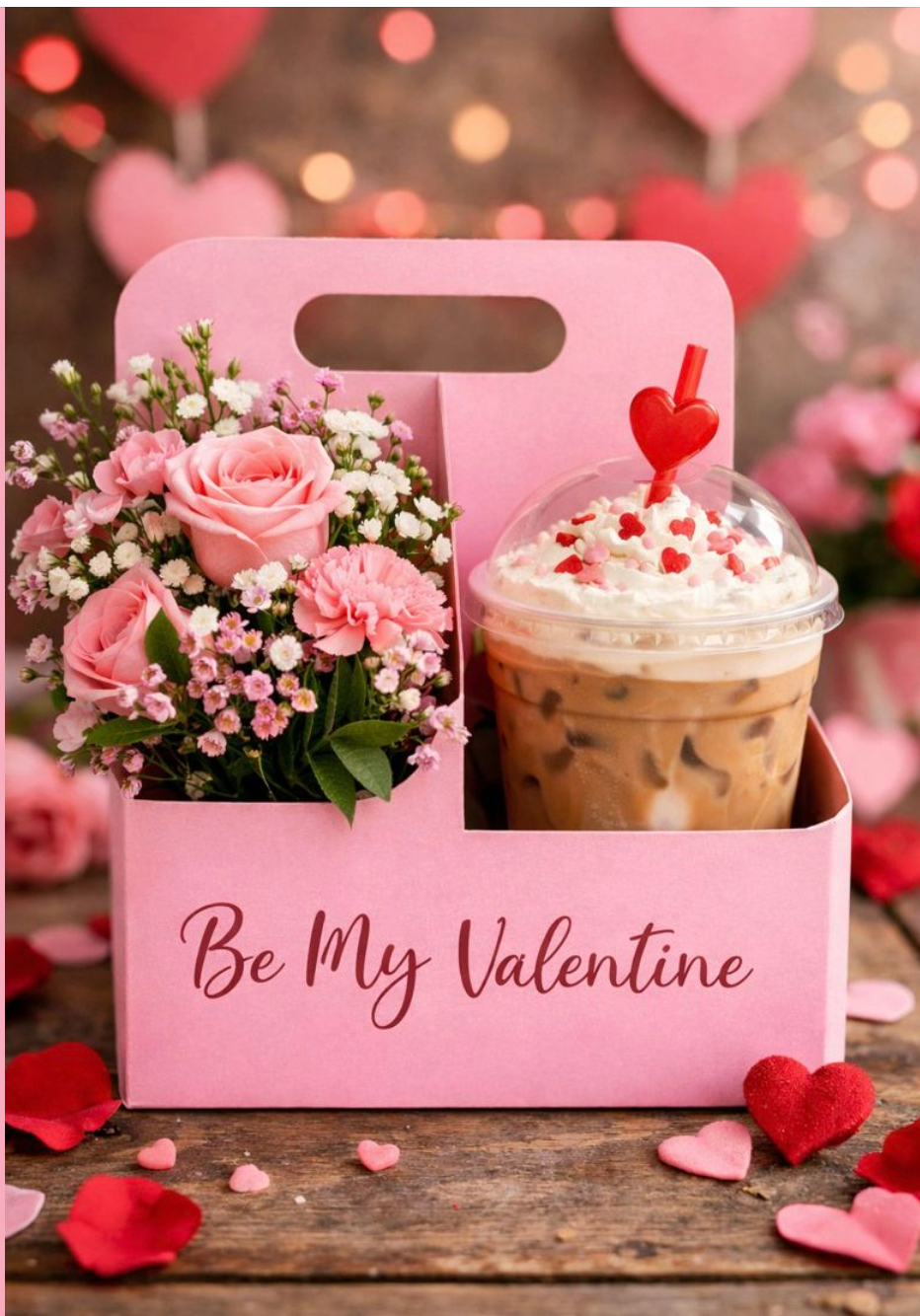 Pink gift box with flowers and a drink, featuring 'Be My Valentine' text, surrounded by heart decorations.