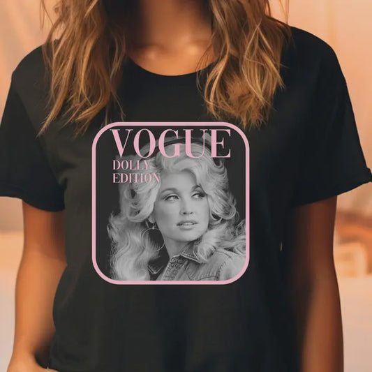Black t-shirt with a graphic of Dolly Parton and 'Vogue Dolly Edition' text.