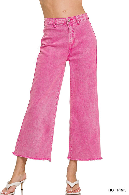 Z-Acid washed high waist frayed hem straight pants-Hot Pink