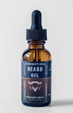 Bottle of beard oil with a dropper on a light gray background