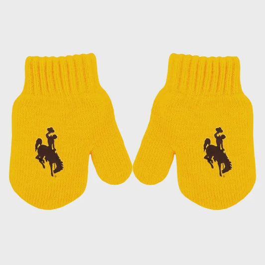 Pair of yellow mittens with a black logo on a light gray background