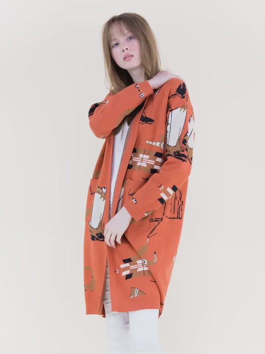 Western Boots Open Front Cardigan - Rust