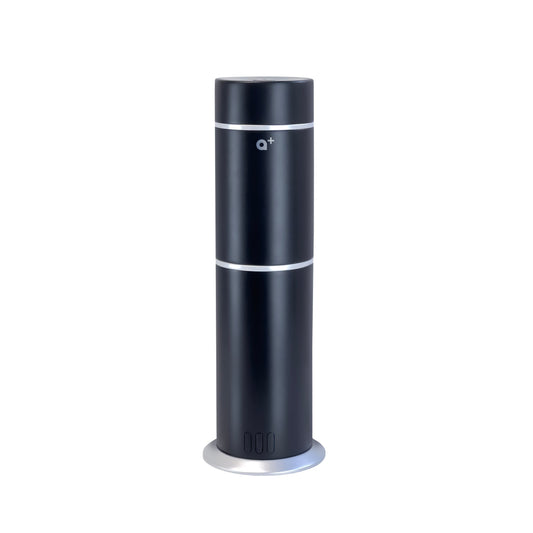 Black cylindrical device with a brand logo on a white background