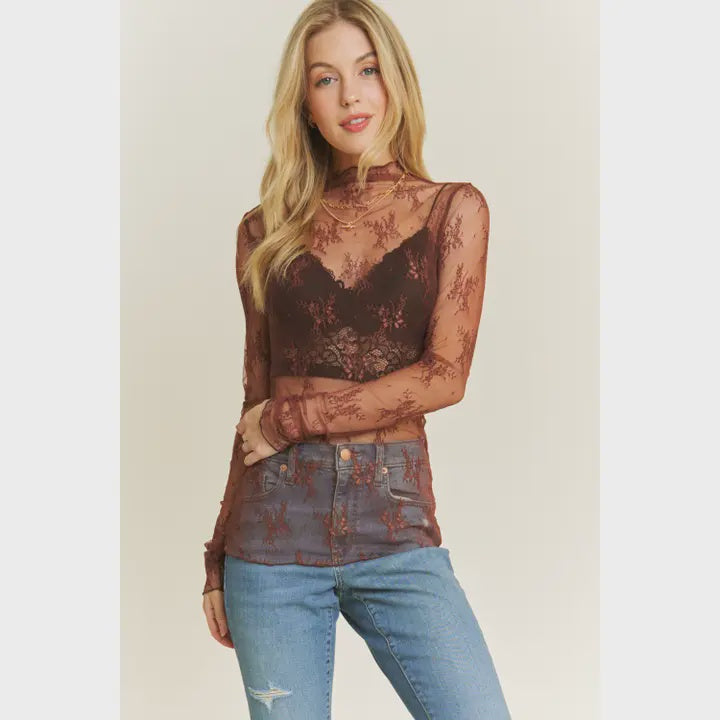 Mesh Lace High Neck Design Long Sleeve Fitted Top