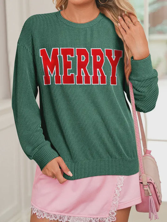 Corduroy Merry letter Pullover sweatshirt - Green