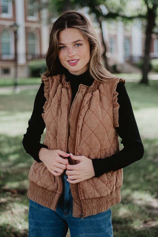 Garment Washed Quilted Ruffle Sleeve Vest - Brown