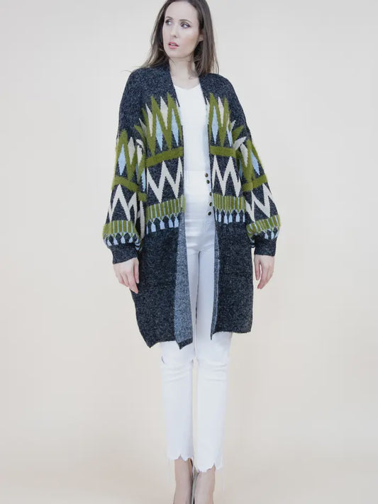 Zig Zag Pattern Bishop Sleeve Cardigan-Black