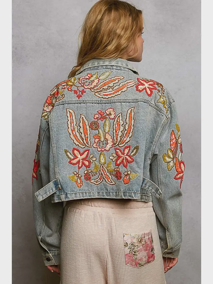 Beaded Embroidered Waist Tab Denim Jacket