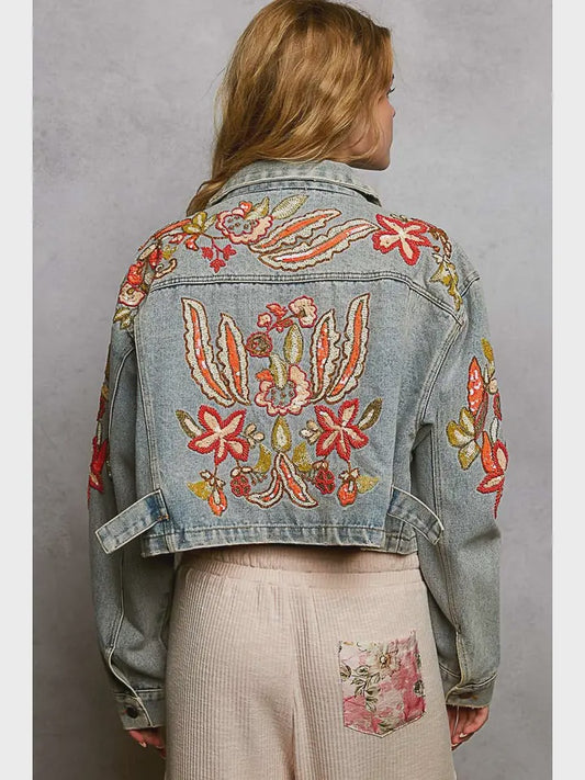 Beaded Embroidered Waist Tab Denim Jacket