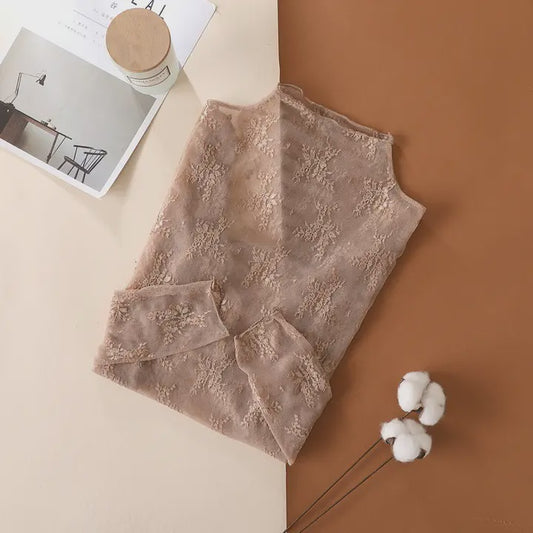 Semi Sheer Mesh Floral Lace Layering Top - Taupe