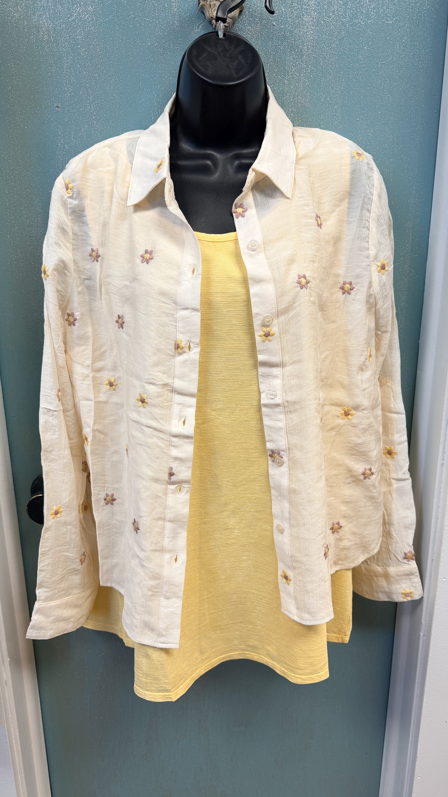 Floral Embroidered Button Down Shirt - Ivory