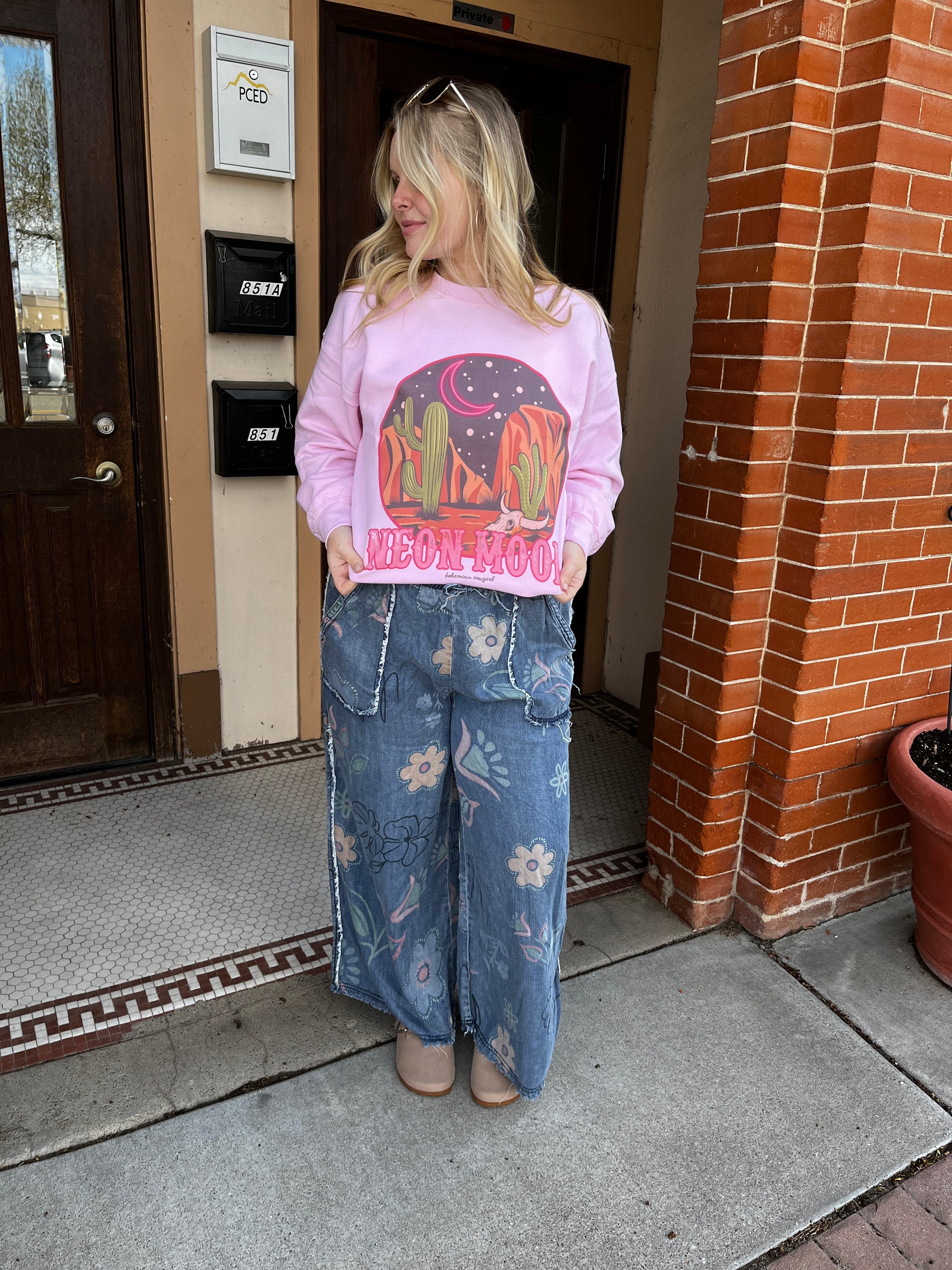 floral denim pants