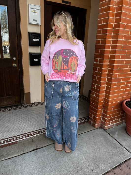 floral denim pants