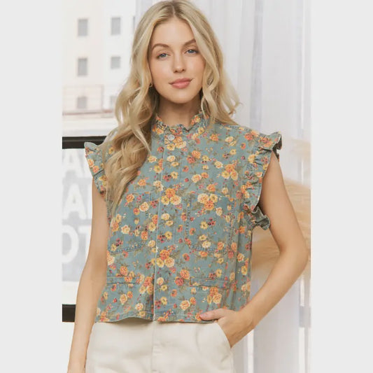 Flower Print Denim Ruffle Vest