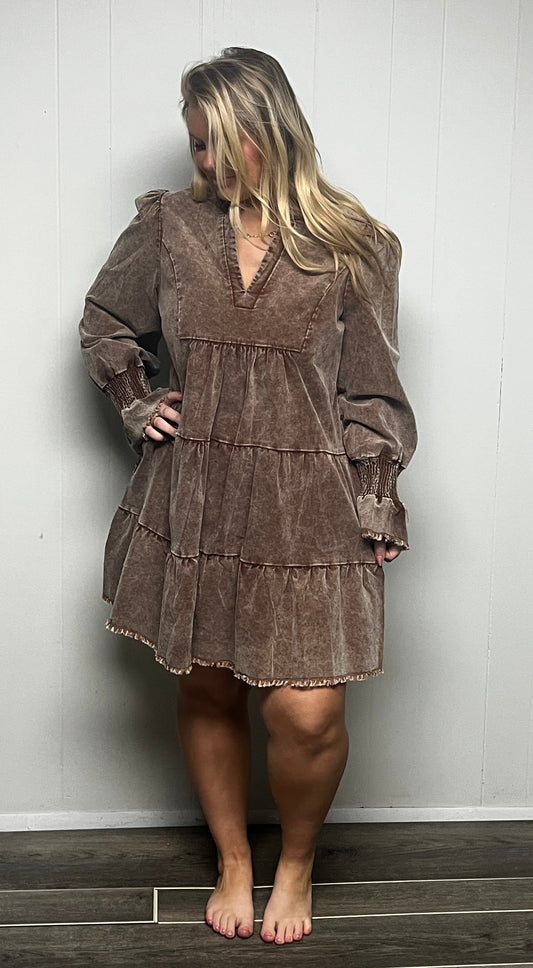 Stone Washed Corduroy Tiered Dress - Chocolate