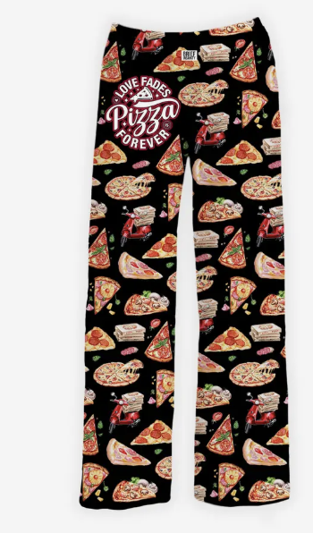 Black pajama pants with pizza pattern and 'I love fake pizza forever' text.