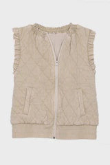 Garment Washed Quilted Ruffle Sleeve Vest -Beige