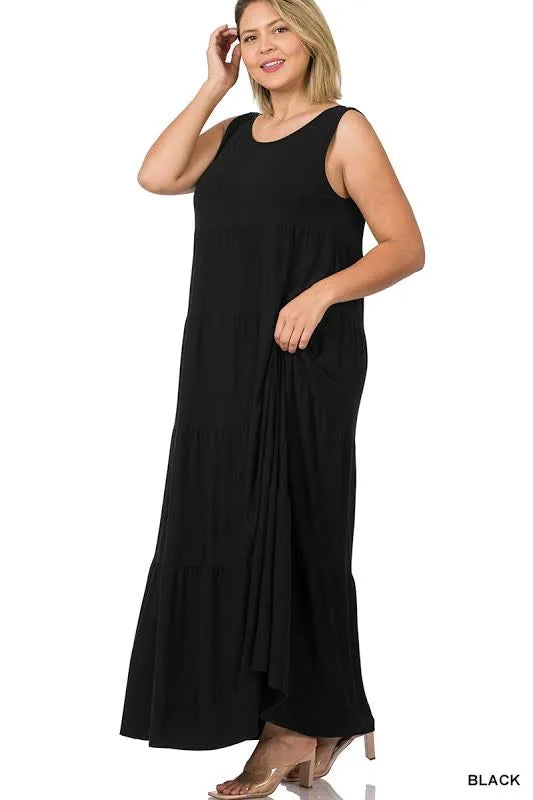 Zenana Plus Tank Top Tiered Dress - Black 3X