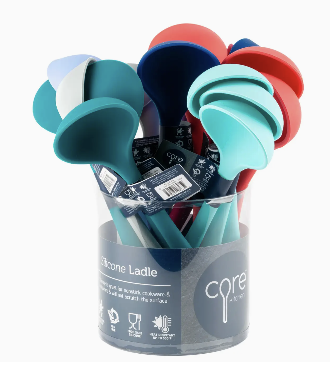 Set of silicone ladles in blue, red, and green packaging on a white background