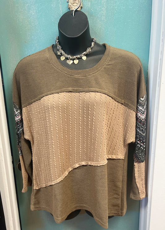 Textured Pullover Patchwork top - Mocha