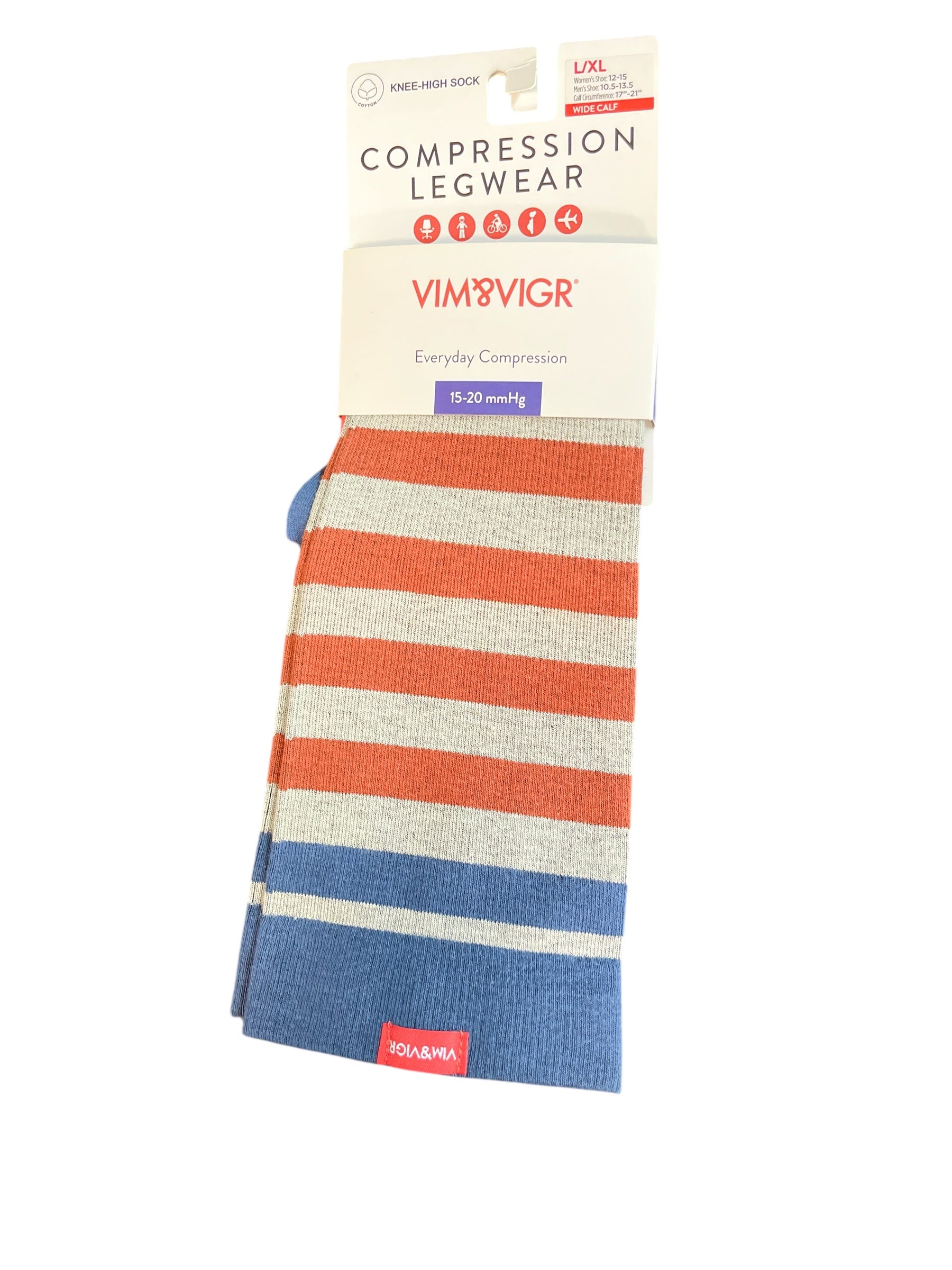 Packaged compression legwear with striped design on a white background