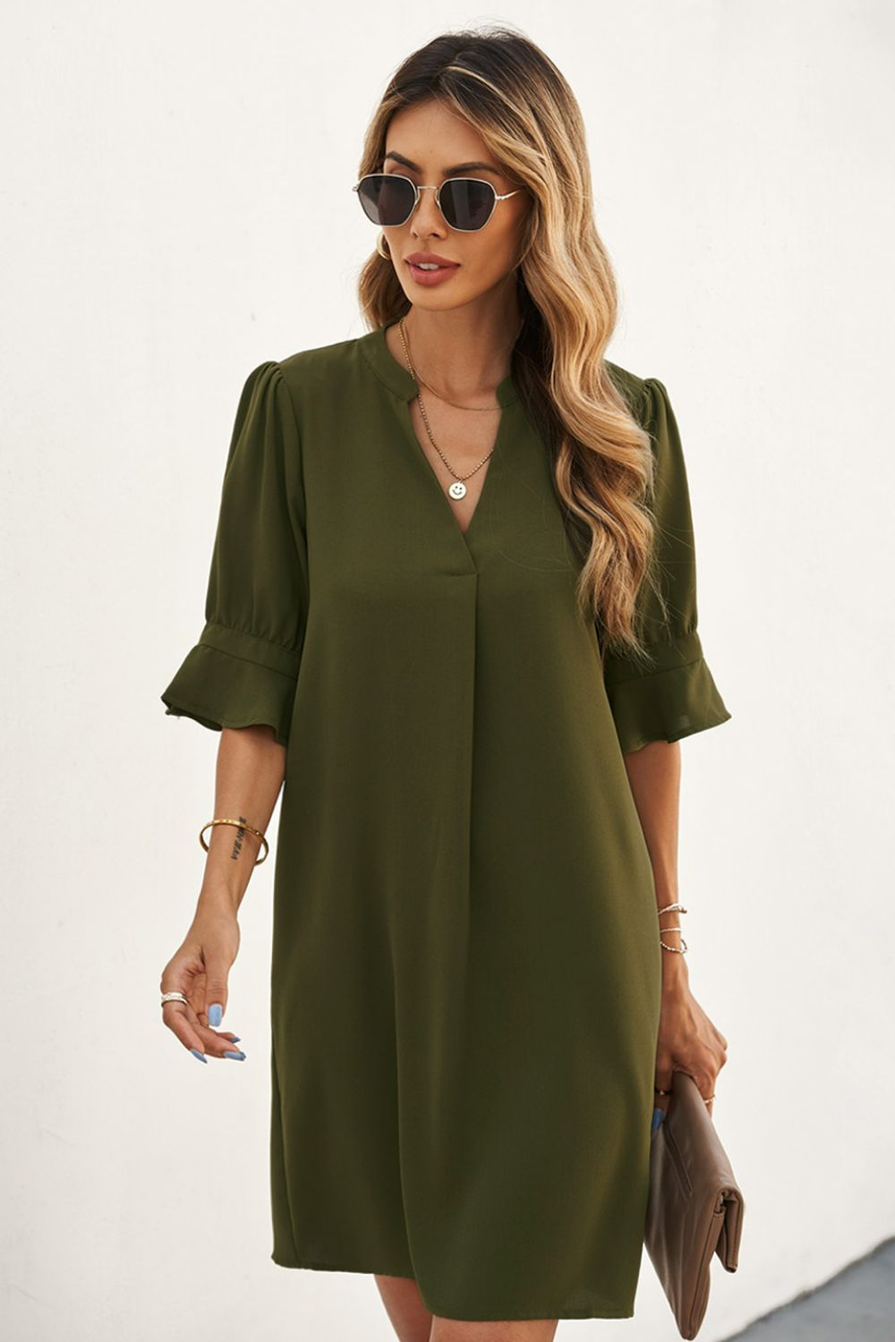 Puff Sleeve Notched Mini Shift Dress-Online Only