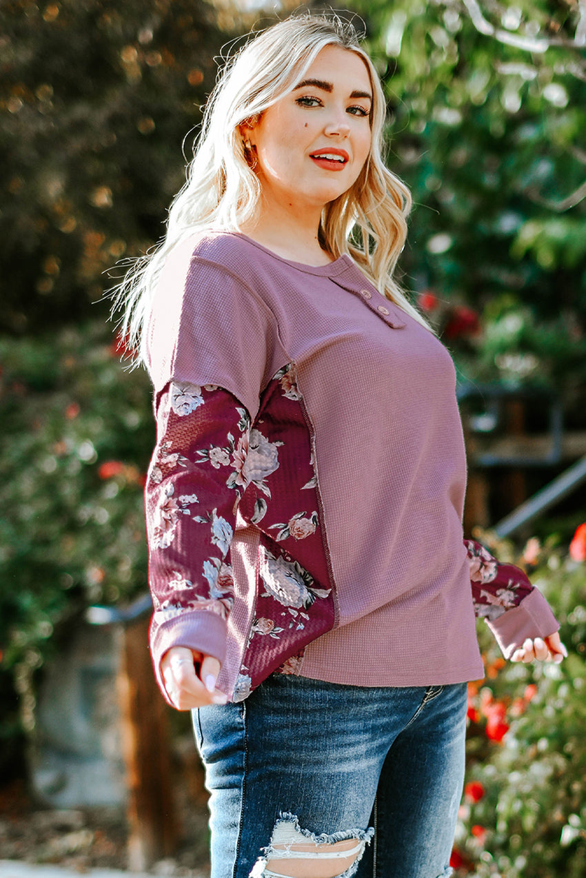 Plus Size Floral Exposed Seam Quarter-Button Henley Top-Online Only
