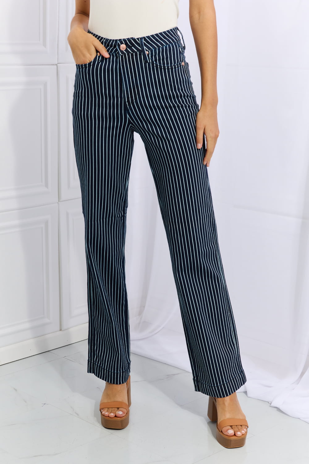 Judy Blue Cassidy Full Size High Waisted Tummy Control Striped Straight Jeans-Online Only