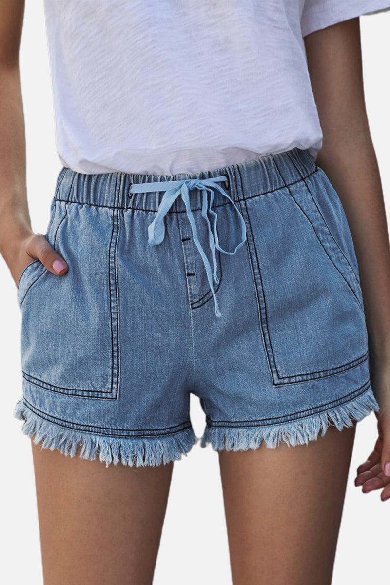 Pocketed Frayed Denim Shorts-Online Only