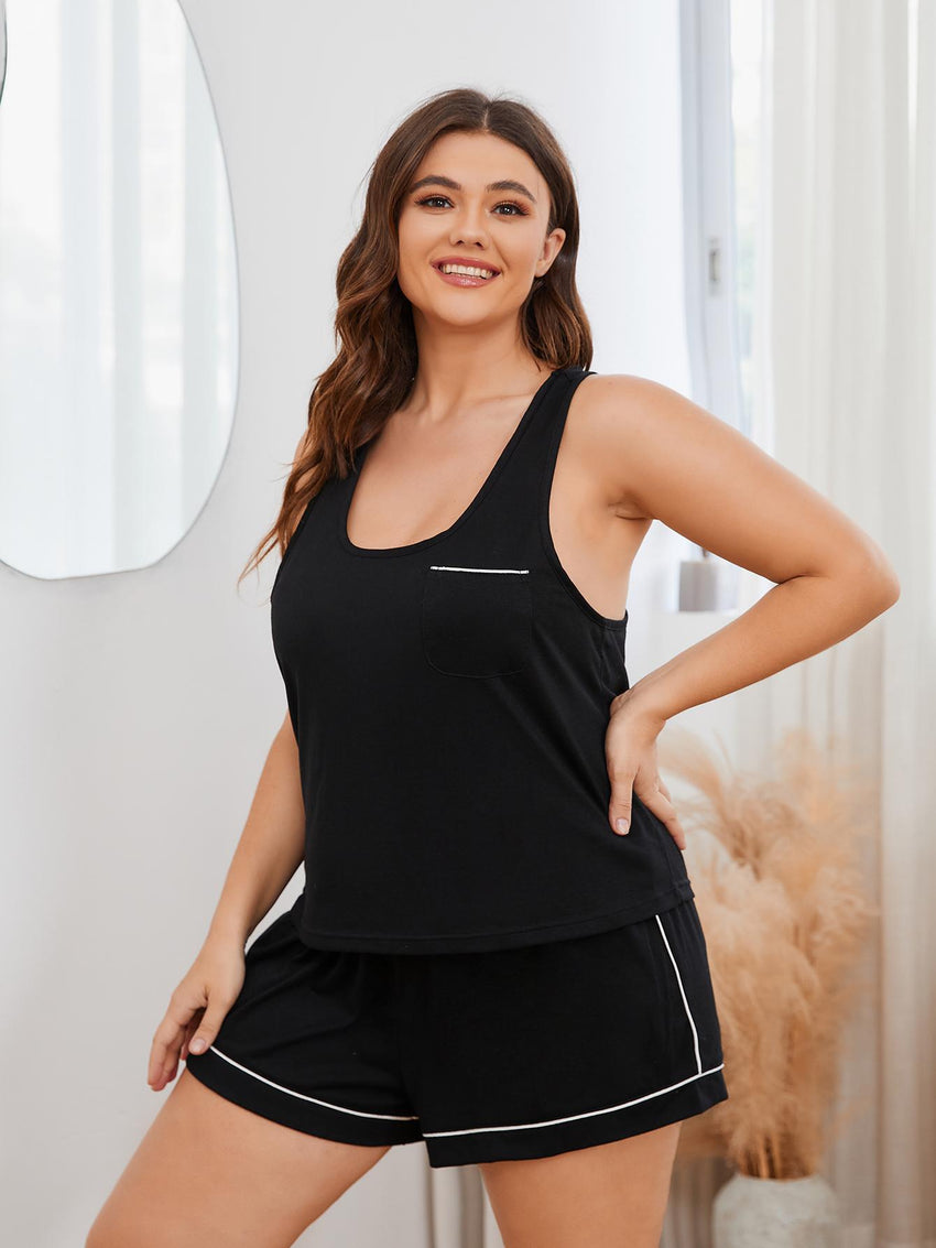 Plus Size Contrast Piping Racerback Tank and Shorts Lounge Set-Online Only