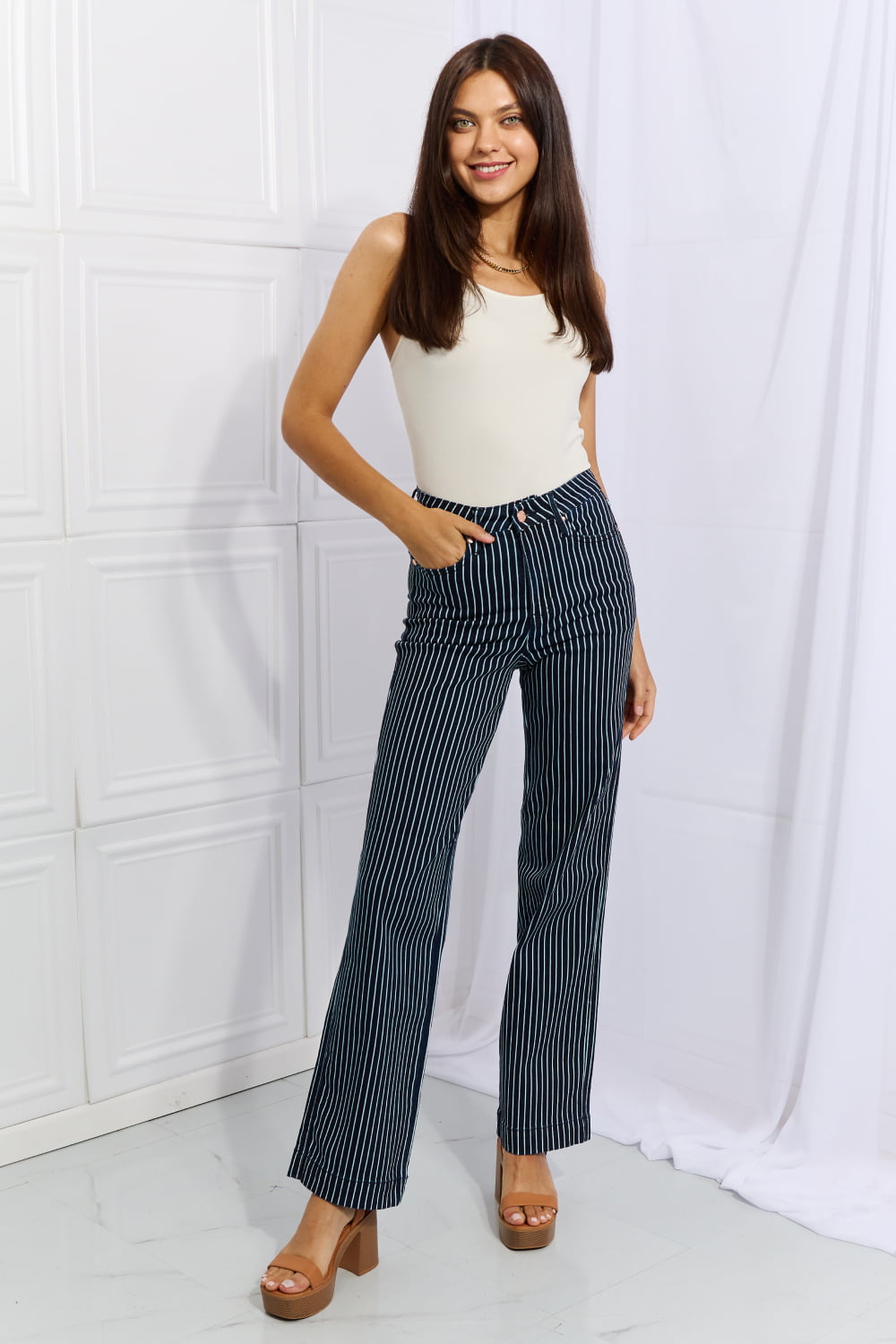 Judy Blue Cassidy Full Size High Waisted Tummy Control Striped Straight Jeans-Online Only