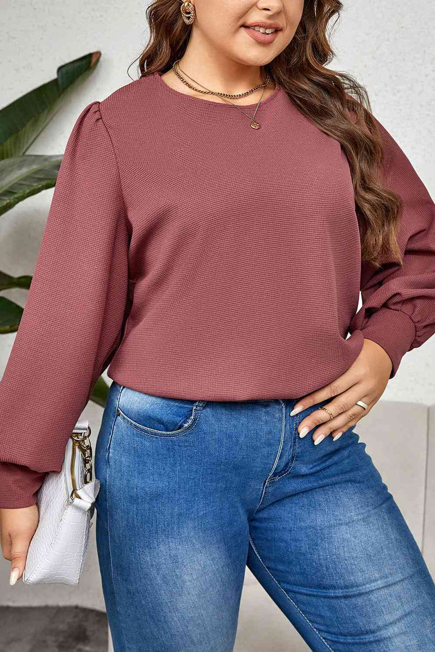 Plus Size Round Neck Puff Sleeve Top-Online Only