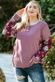 Plus Size Floral Exposed Seam Quarter-Button Henley Top-Online Only