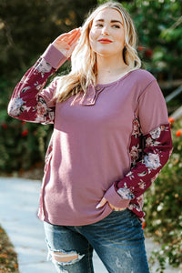 Plus Size Floral Exposed Seam Quarter-Button Henley Top-ONLINE ONLY